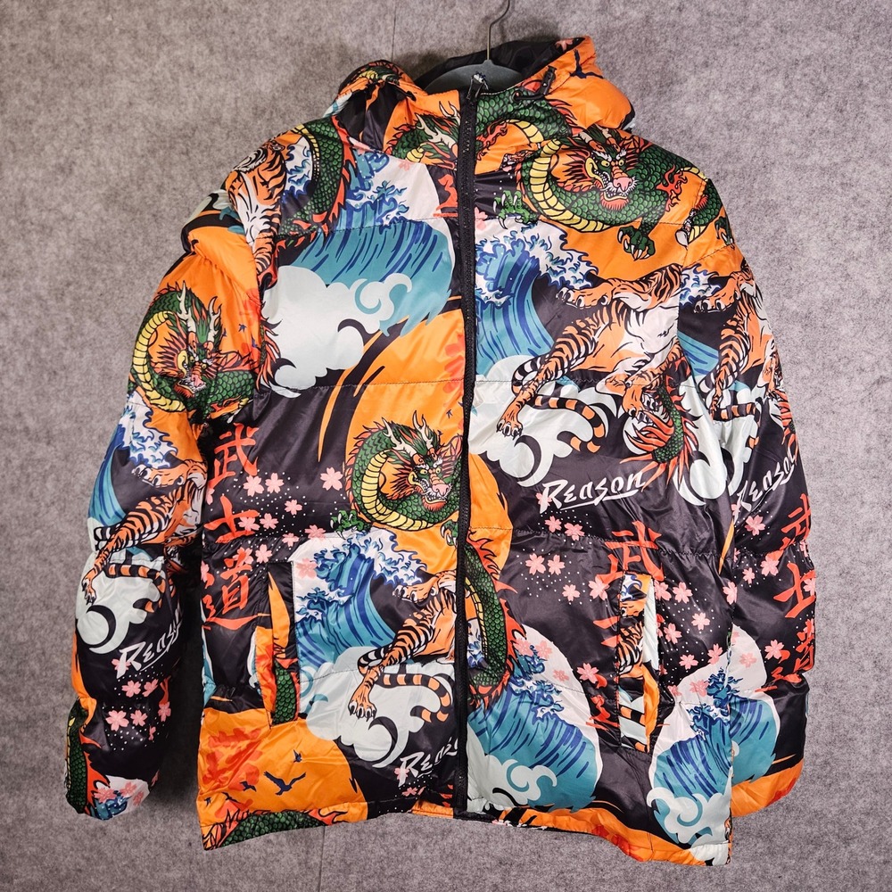 Reason Mens Puffer Jacket Graphic Great Wave Streetwear Hypebeast Urban Sz M - Picture 9 of 10